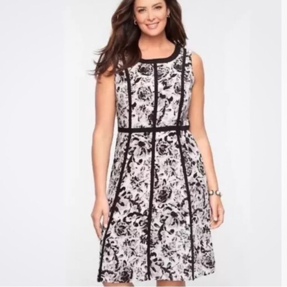 Talbots black and white black roses structured print dress size 10